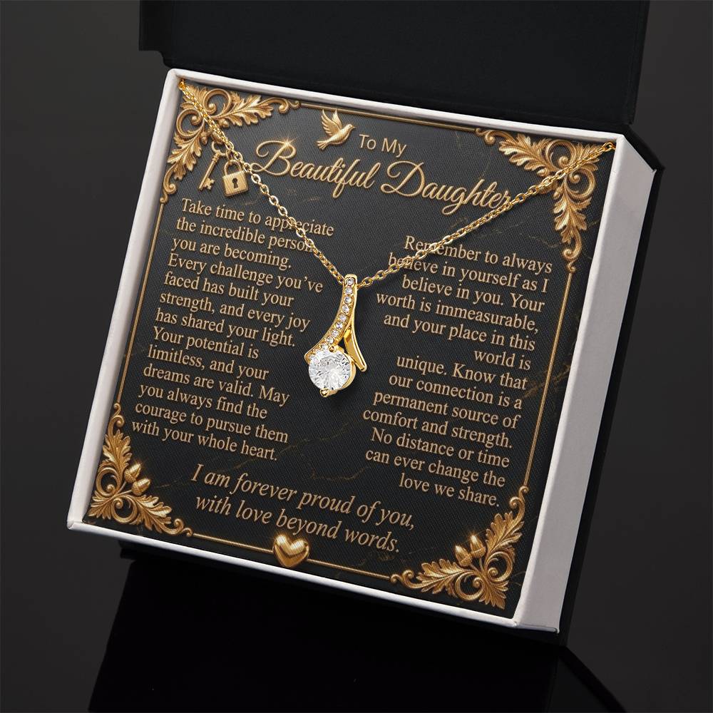 Close-up of a yellow gold-finish necklace and daughter message card in an open standard gift box.