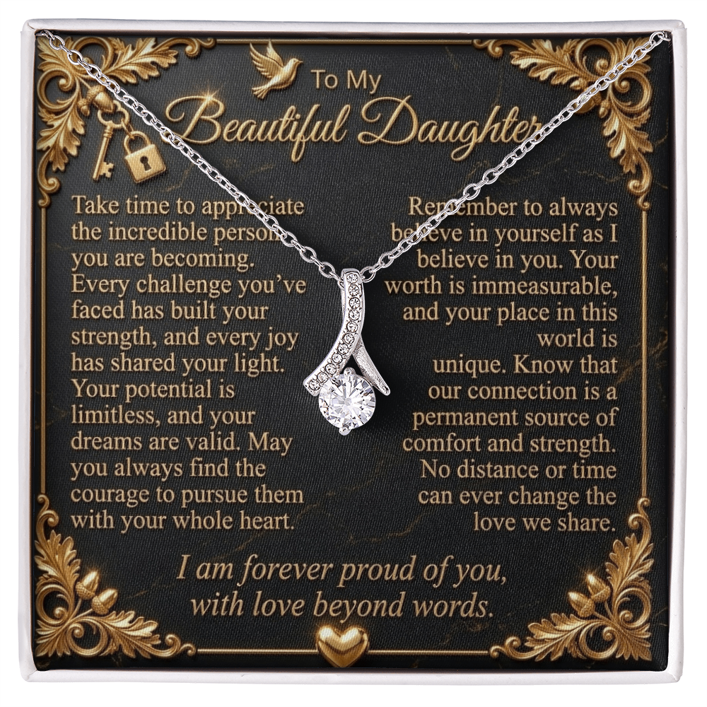 White gold-finish Alluring Beauty necklace over a black-and-gold “To My Beautiful Daughter” message card.