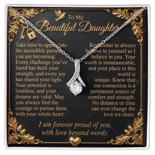 White gold-finish Alluring Beauty necklace over a black-and-gold “To My Beautiful Daughter” message card.