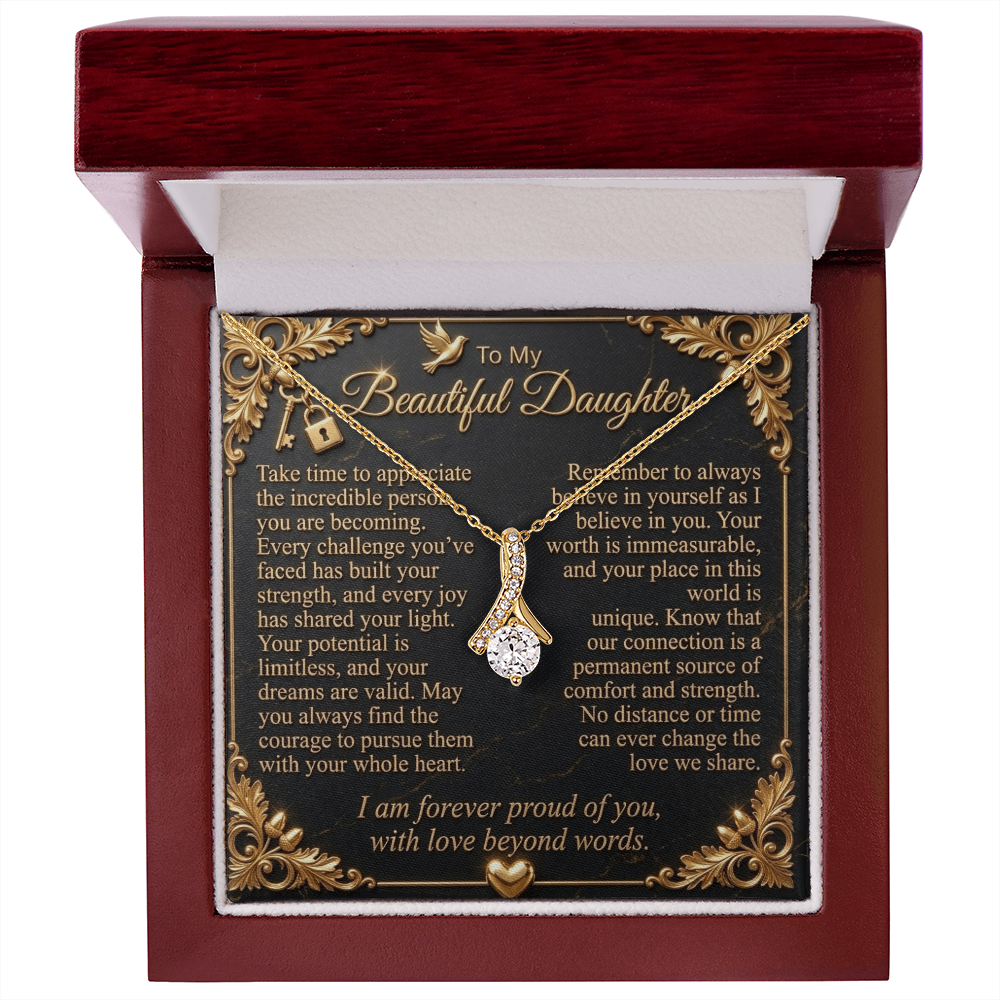 Yellow gold-finish necklace with daughter message card in an open mahogany-style luxury gift box.