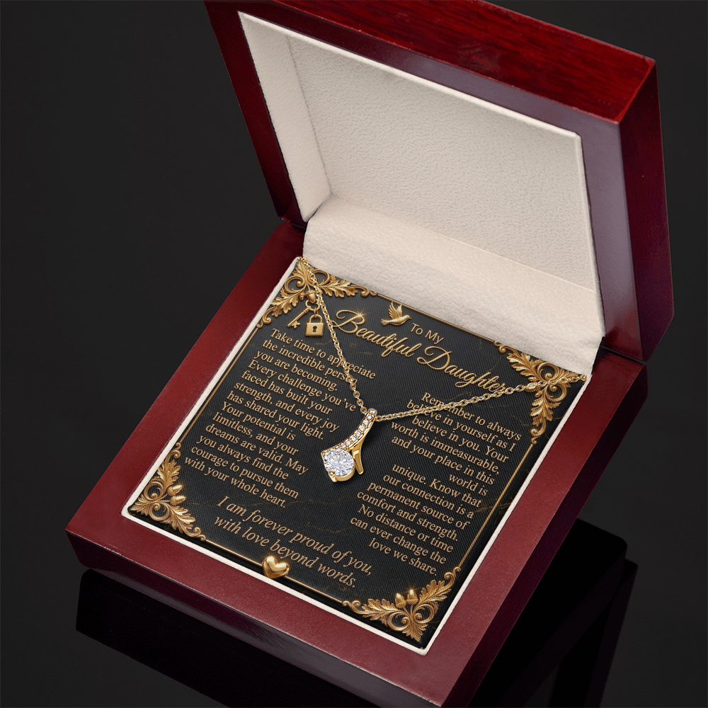  Side view of an open luxury gift box displaying a yellow gold-finish necklace and daughter message card.