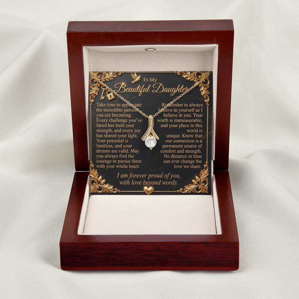  Front view of an open luxury gift box with a yellow gold-finish necklace and daughter message card.
