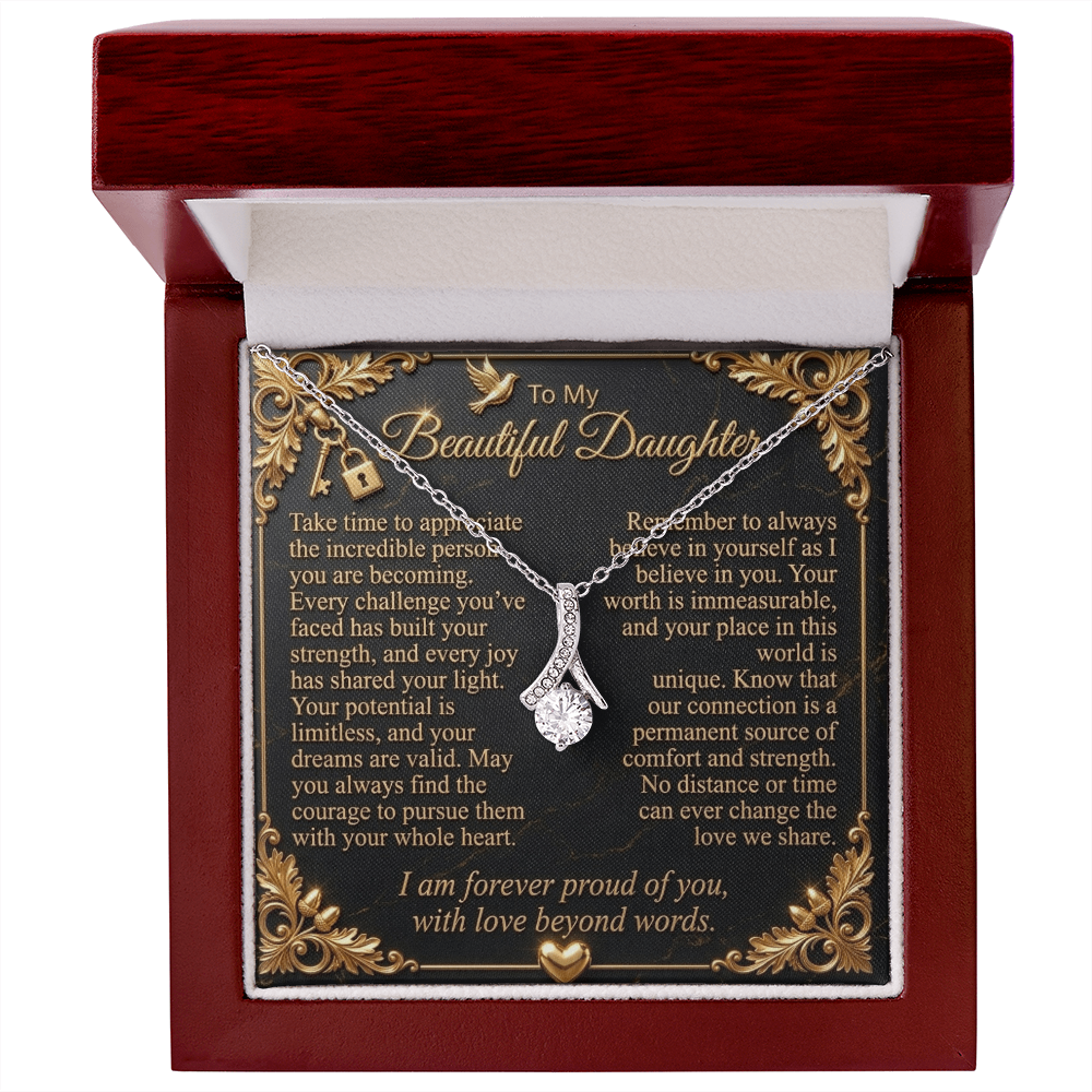 White gold-finish necklace with daughter message card in an open mahogany-style luxury gift box.