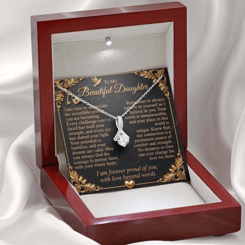 LED-lit luxury gift box displaying a white gold-finish necklace and daughter message card.