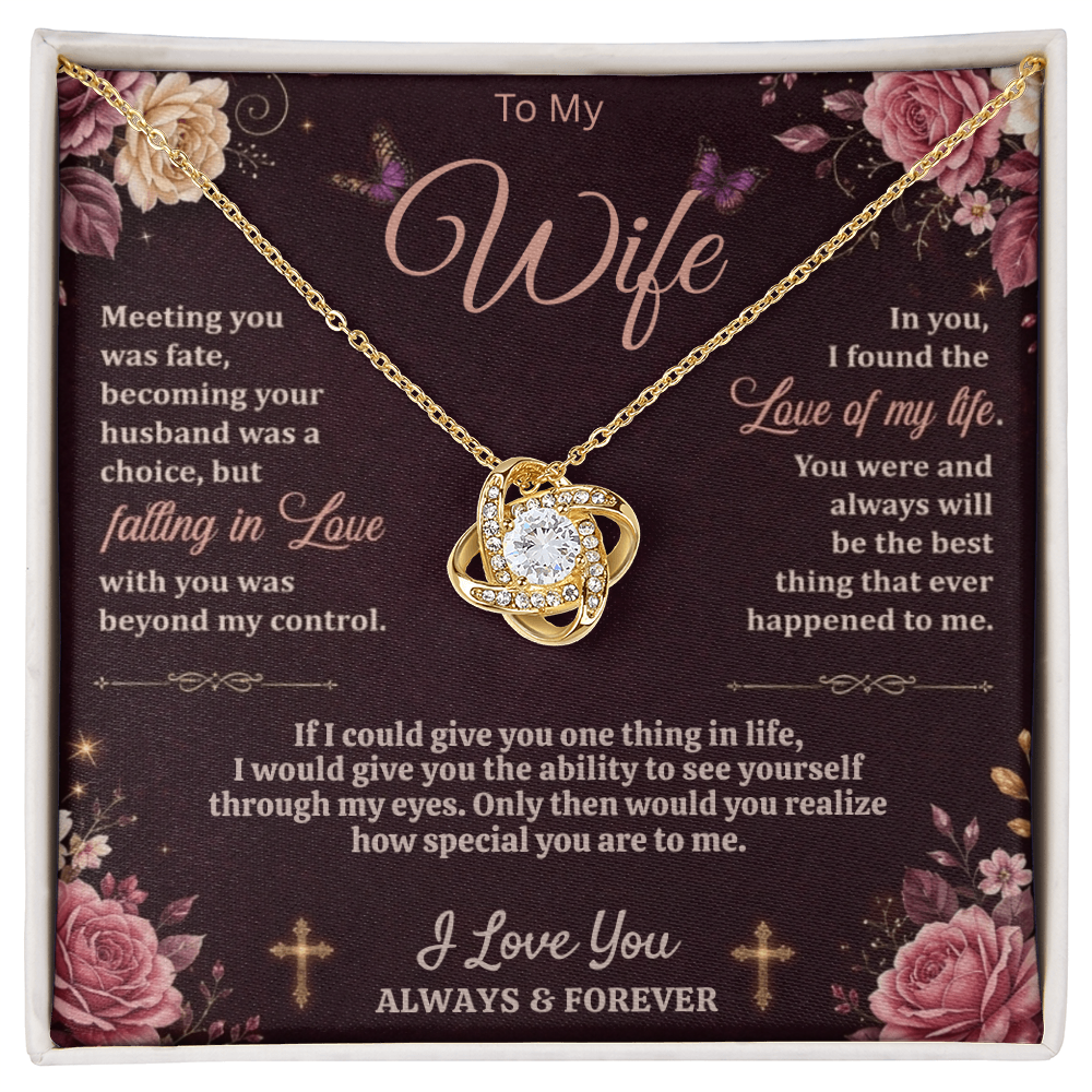 Gold-tone love-knot necklace on a dark floral To My Wife, I Love You Always and Forever card in a white gift box.
