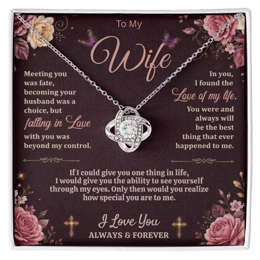 Silver-tone love-knot necklace on a dark floral To My Wife, I Love You Always and Forever card in a white gift box.