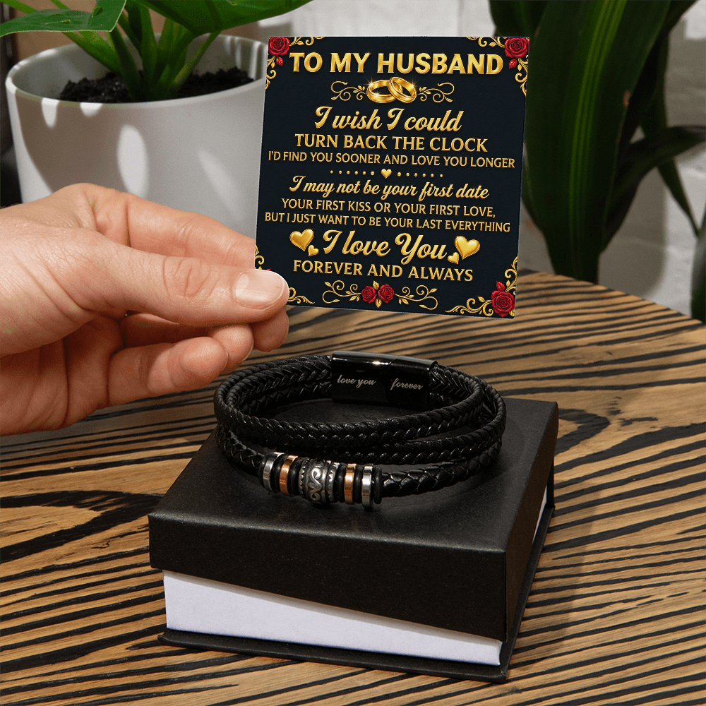  Black braided bracelet resting on a two-tone gift box, with a hand holding the romantic “To My Husband” message card.