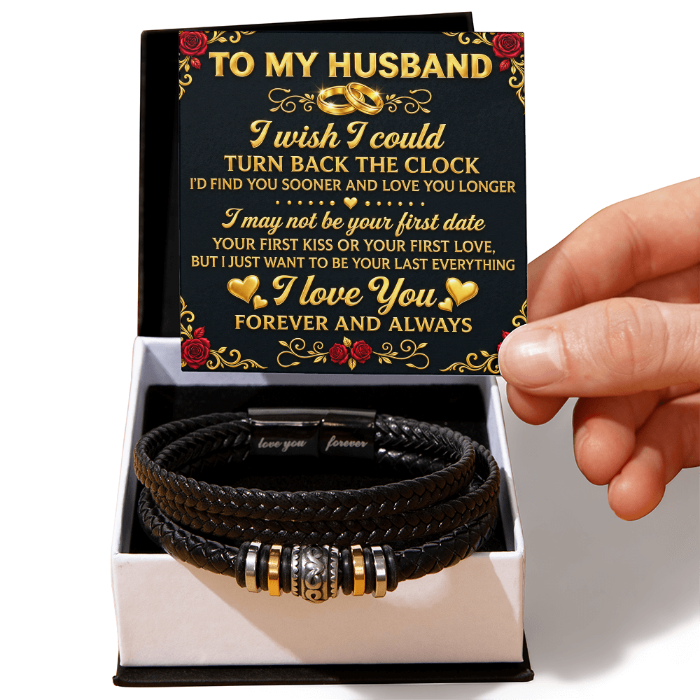  Black braided bracelet in a two-tone gift box with a “To My Husband” card reading “I wish I could turn back the clock.”