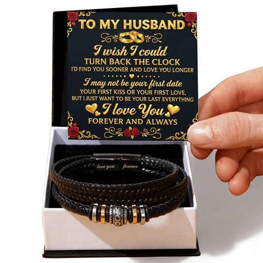  Black braided bracelet in a two-tone gift box with a “To My Husband” card reading “I wish I could turn back the clock.”
