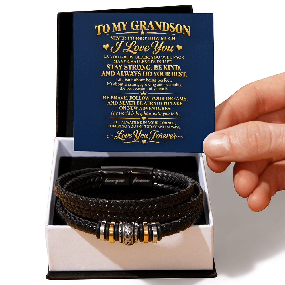 Black braided bracelet in a gift box with a “To My Grandson” message card saying “Be brave, follow your dreams".