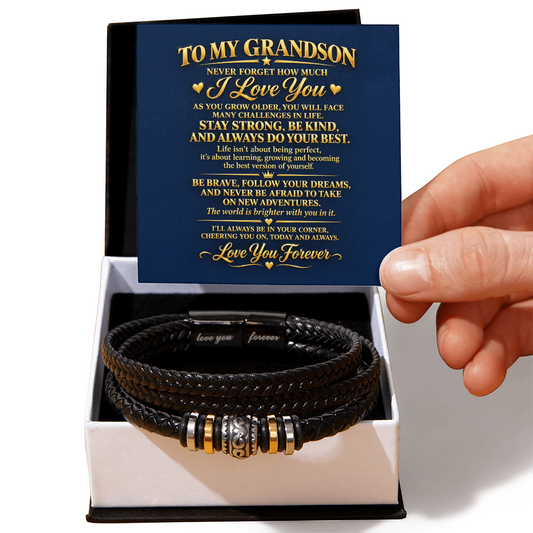 Black braided bracelet in a gift box with a “To My Grandson” message card saying “Be brave, follow your dreams".
