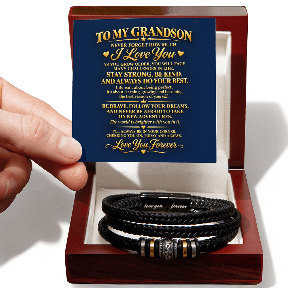 Black braided bracelet in an open mahogany-style gift box with a blue “To My Grandson” message card.