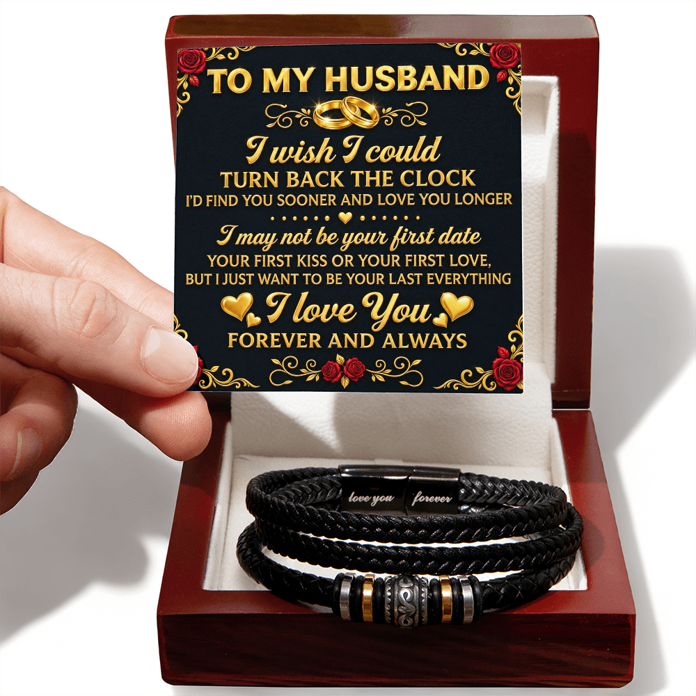 Black braided bracelet in an open mahogany-style gift box with a romantic “To My Husband” message card.