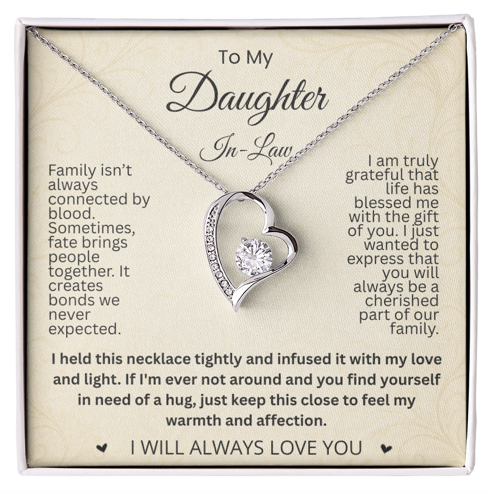 Silver-tone open-heart necklace on a cream To My Daughter-in-Law card reading I Will Always Love You in a white gift box.