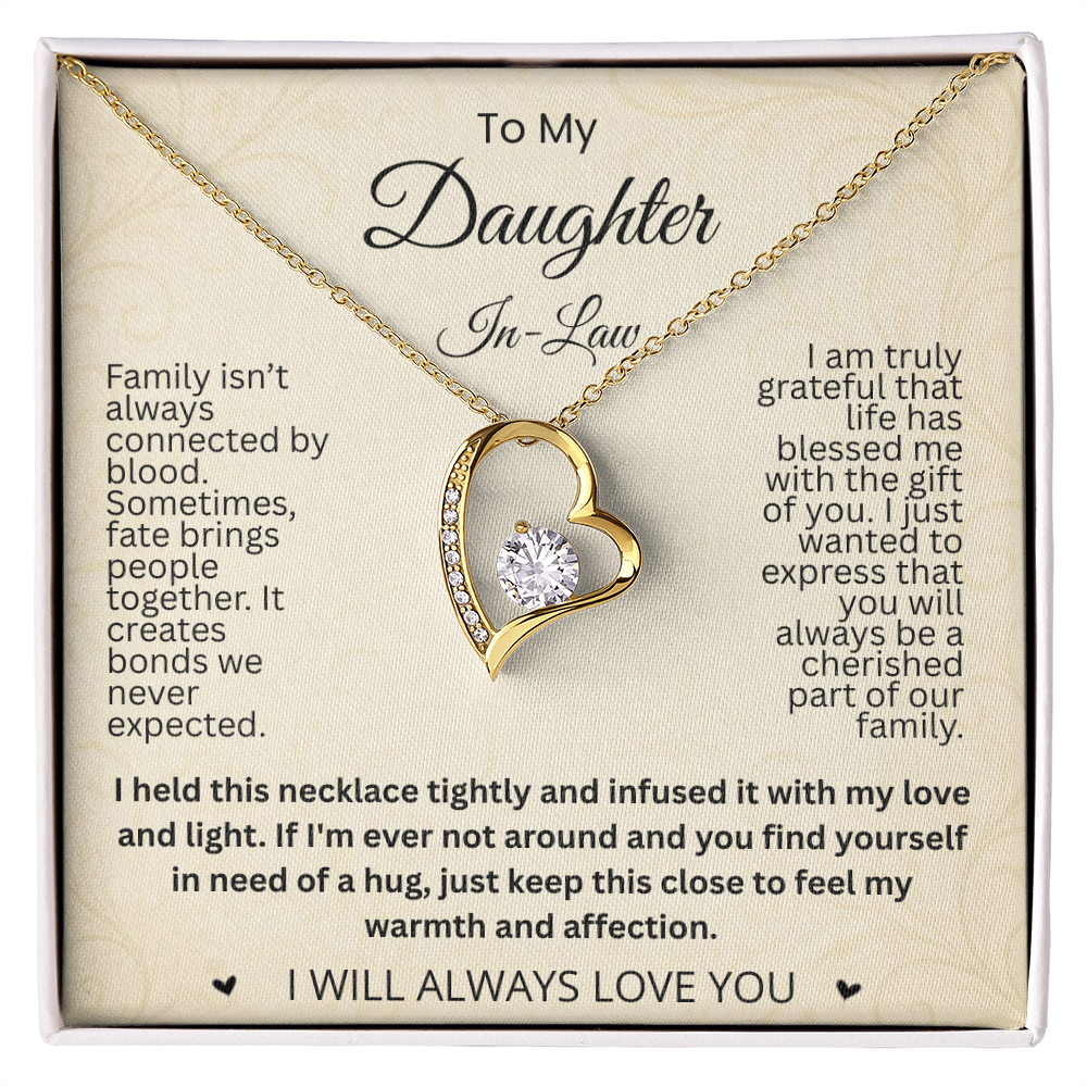 Gold-tone open-heart necklace on a cream To My Daughter-in-Law card reading I Will Always Love You in a white gift box.