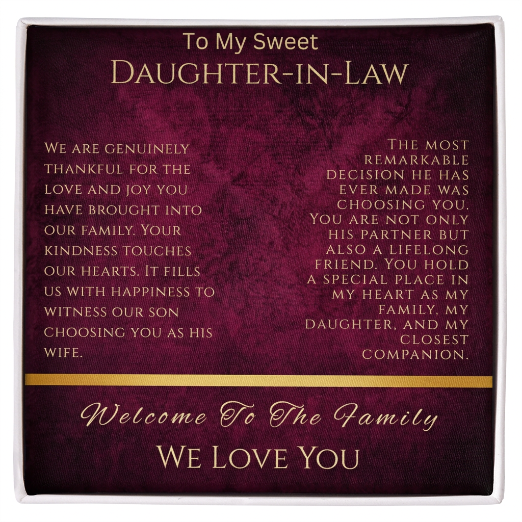Burgundy and gold “To My Sweet Daughter-in-Law” message card with “Welcome To The Family” and “We Love You” wording.